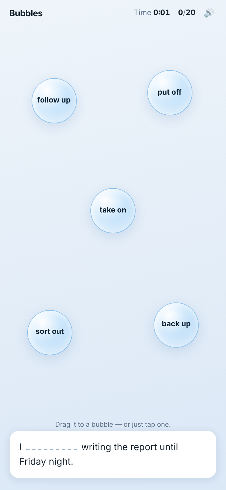 Bubbles game on a phone: five phrase bubbles and a sentence card with a blank