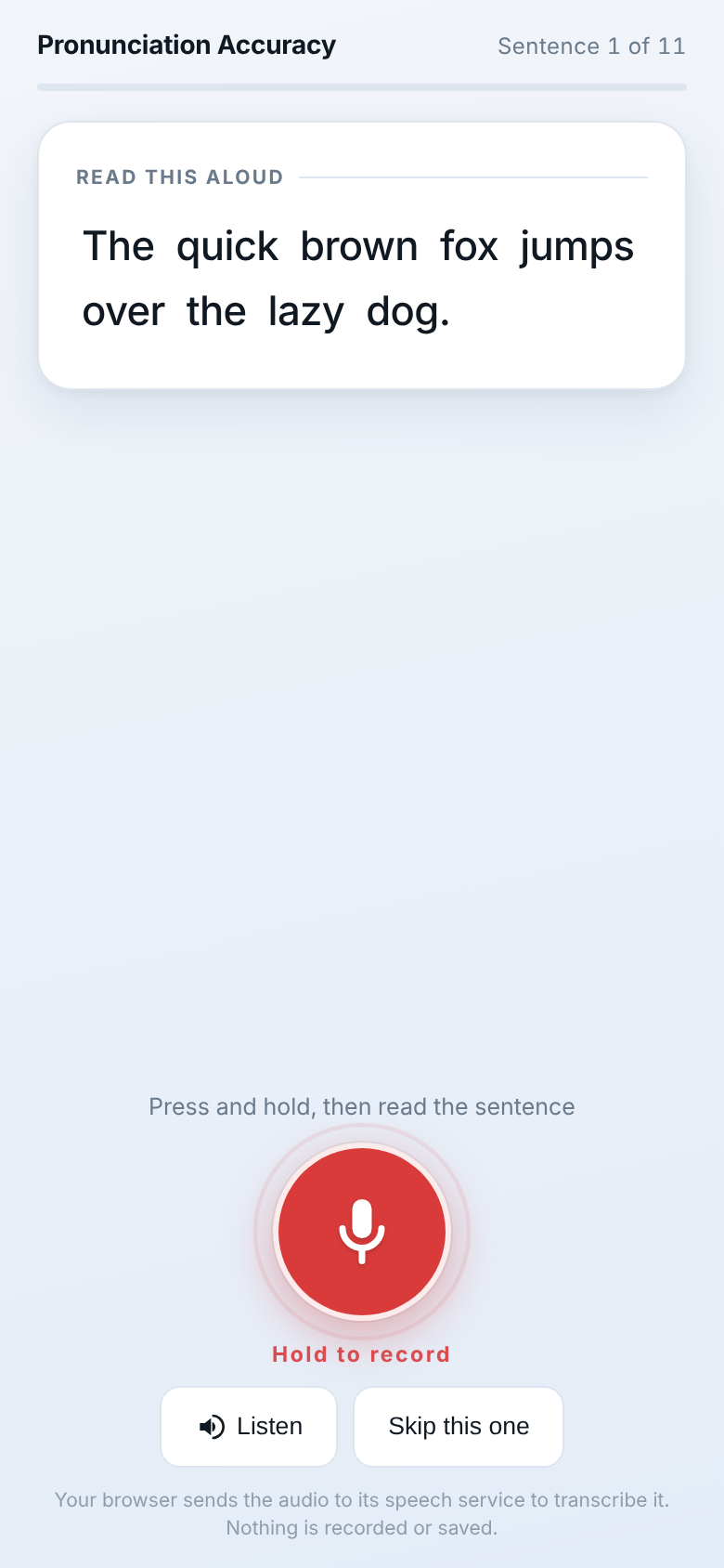 Pronunciation Accuracy start screen with a privacy note about where audio goes